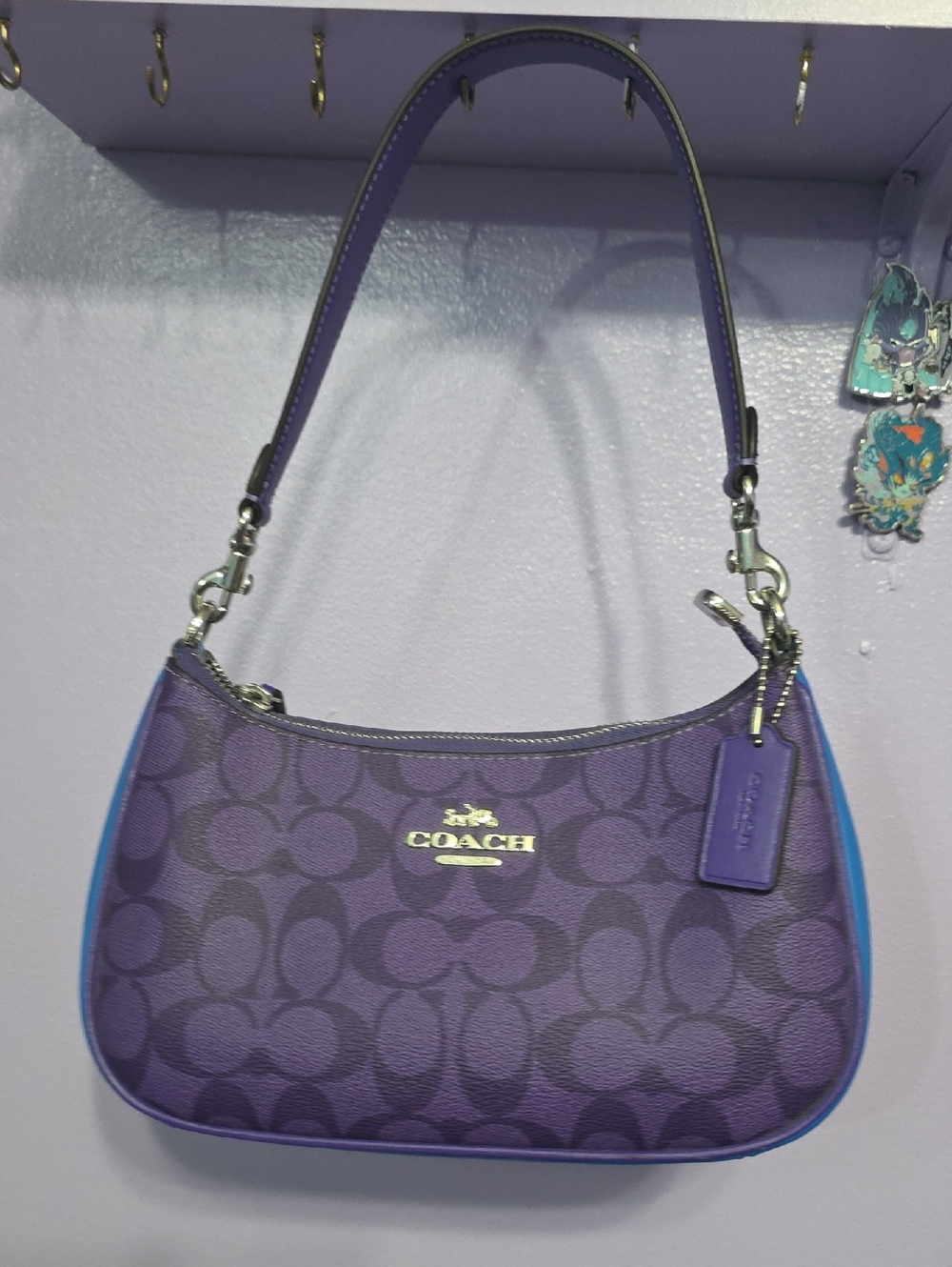 Coach Purple Signature TERI Shoulder Bag with Blue Trim